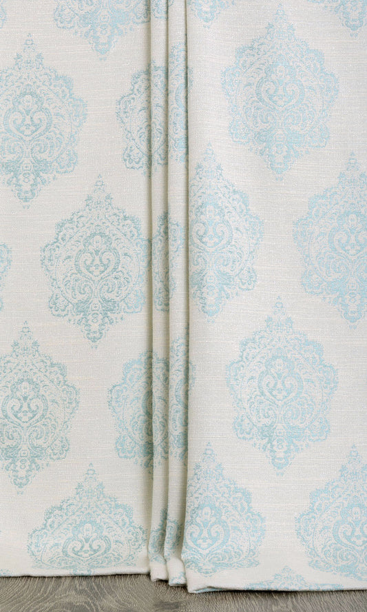 Damask Poly-Cotton Home Décor Fabric By the Yard (White/ Blue)