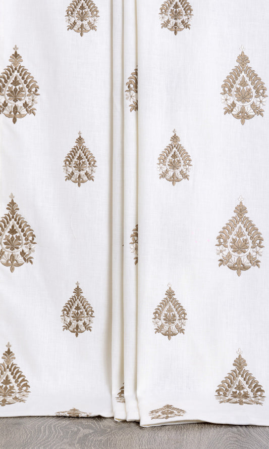 Damask Embroidery Home Décor Fabric By the Yard (Off White/ Coffee Brown)