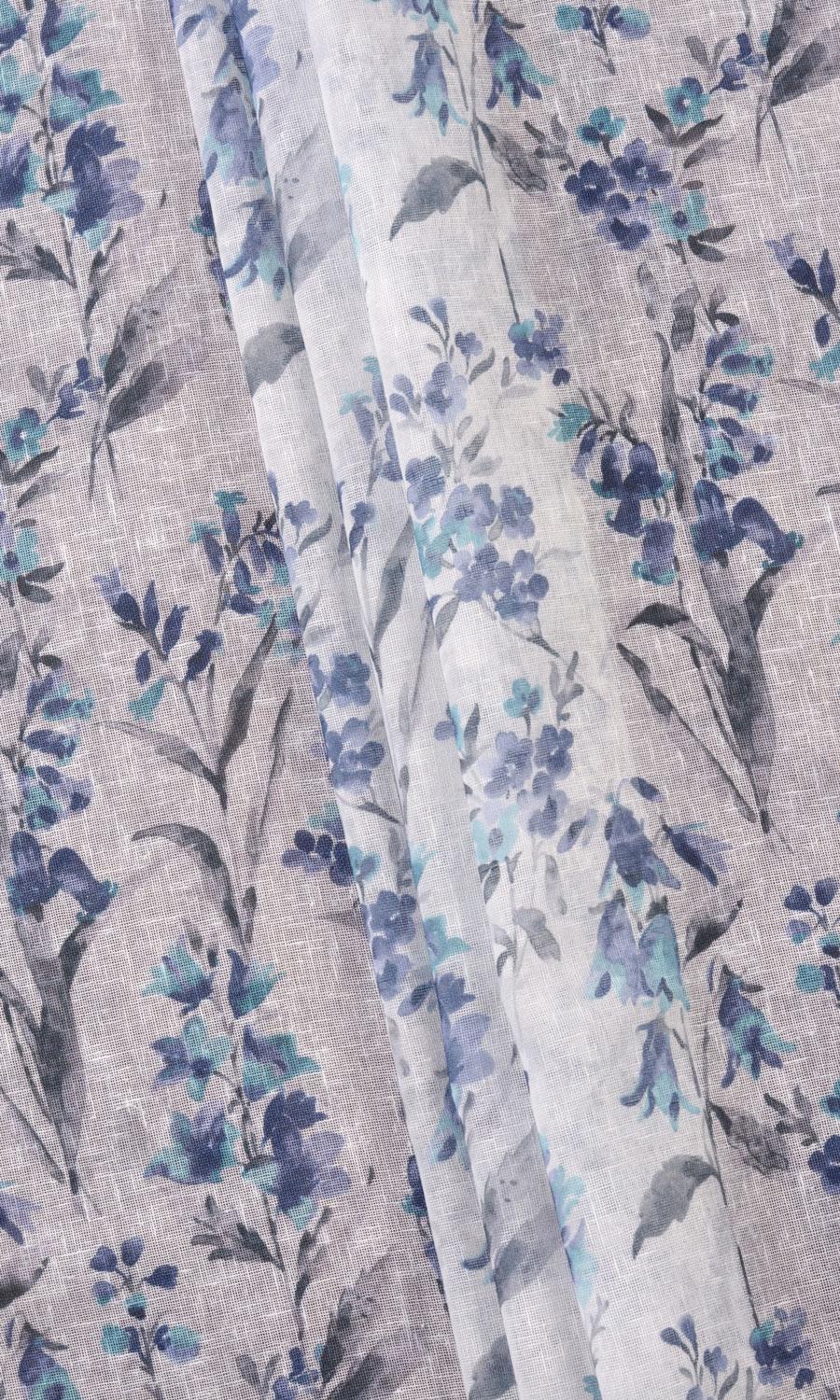 Sheer Floral Print Window Treatments Fabric By the Yard (Blue/ Grey)