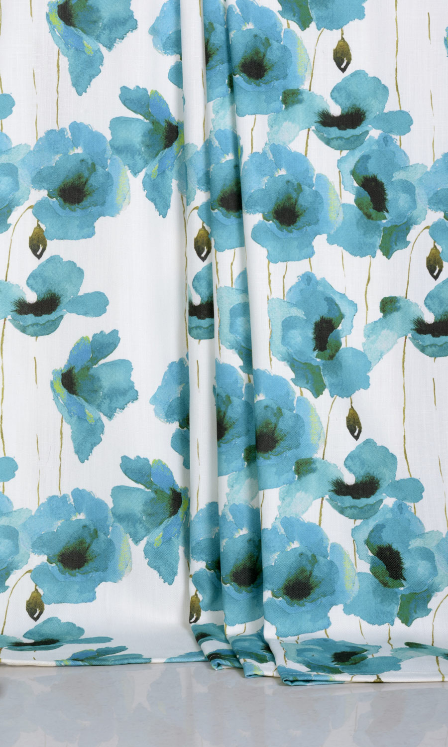 Water Lilies Floral Window Treatments Fabric By the Yard (Blue)