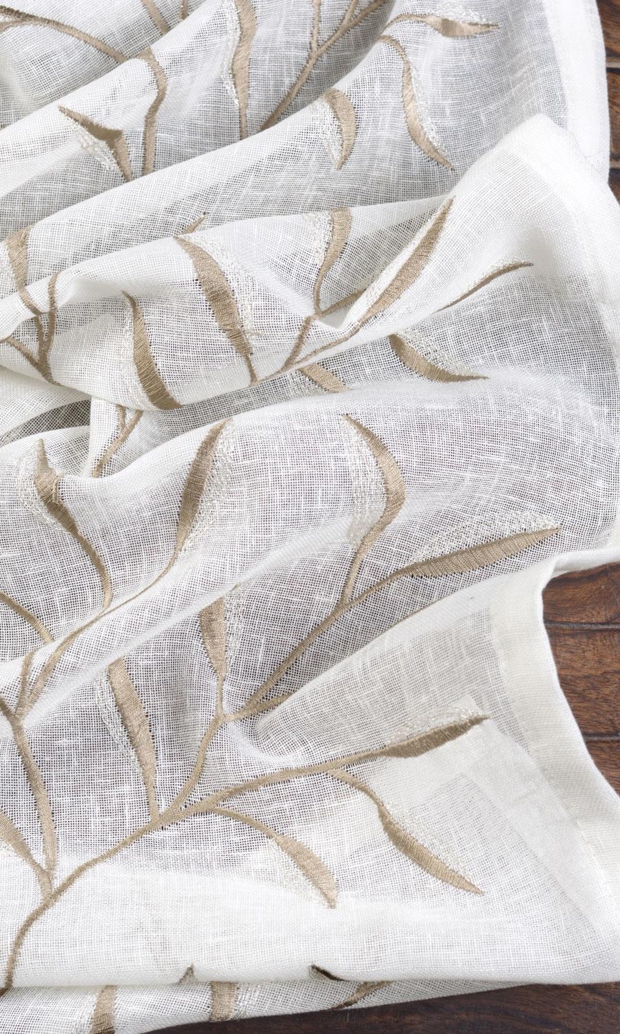Sheer Floral Embroidered Fabric Material By the Yard (White/ Brown)