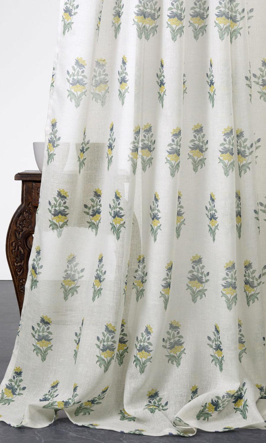 Sheer Floral Home Décor Fabric By the Yard (White/ Green/ Yellow)