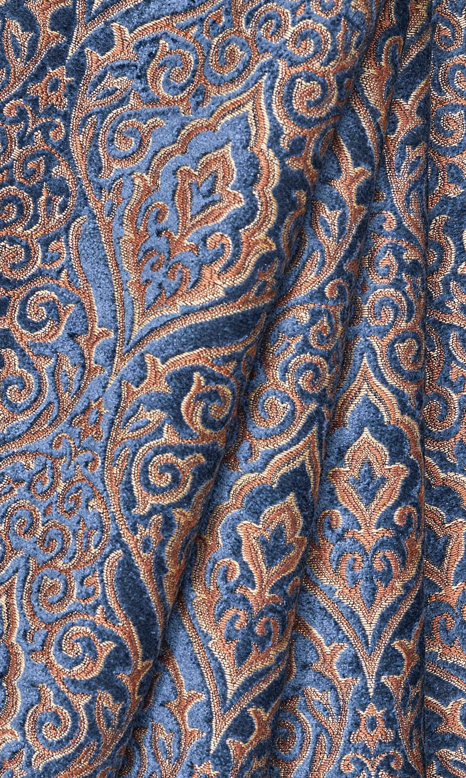 Damask Velvet Window Treatments Fabric Sample (Beige/ Blue)