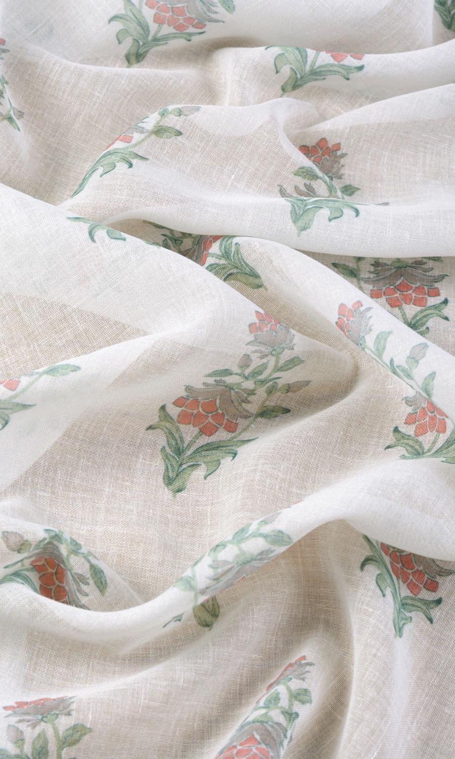Sheer Floral Home Textile Fabric Material Sample (White/ Red/ Green)