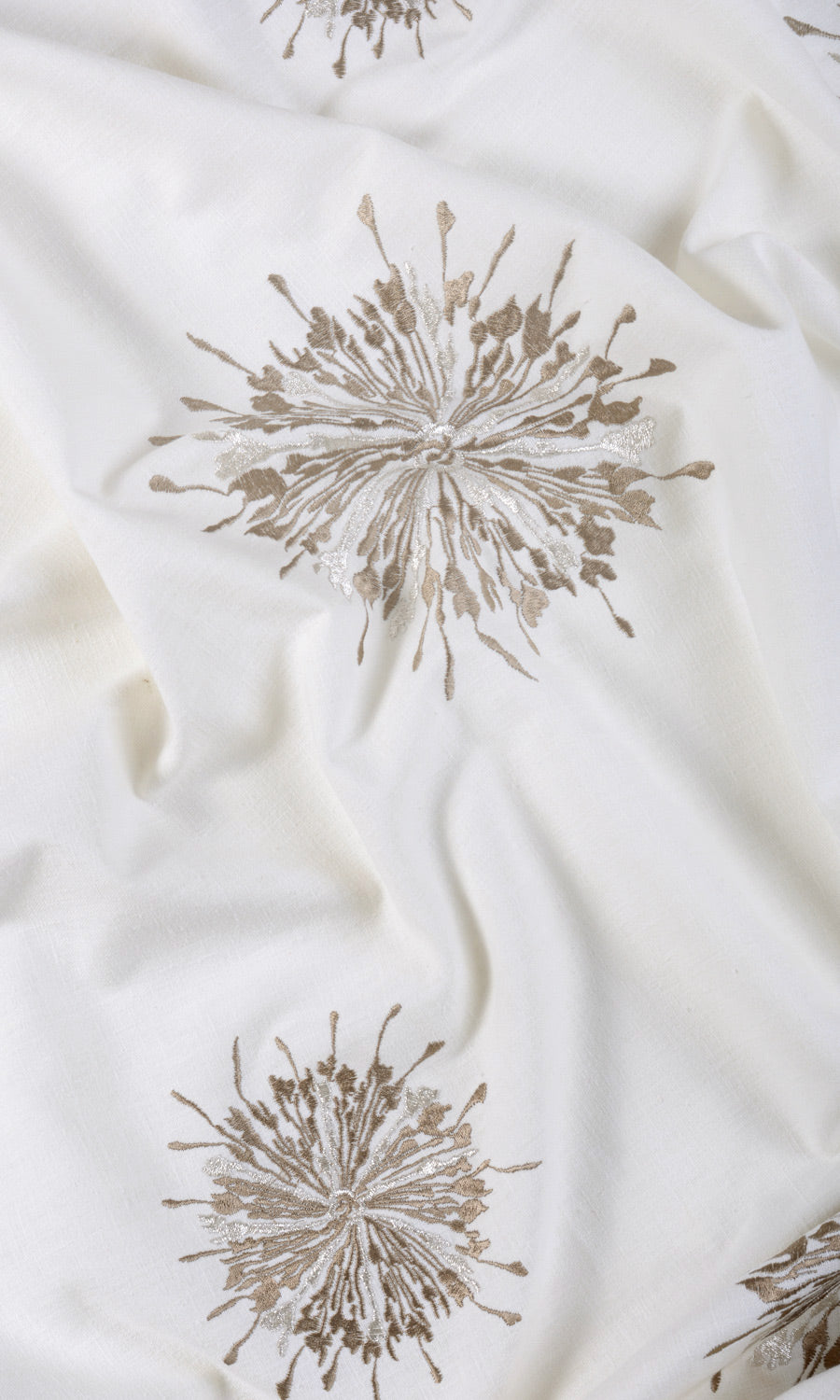 Sunburst Embroidered Fabric Material By the Yard (White/ Coffee Brown)