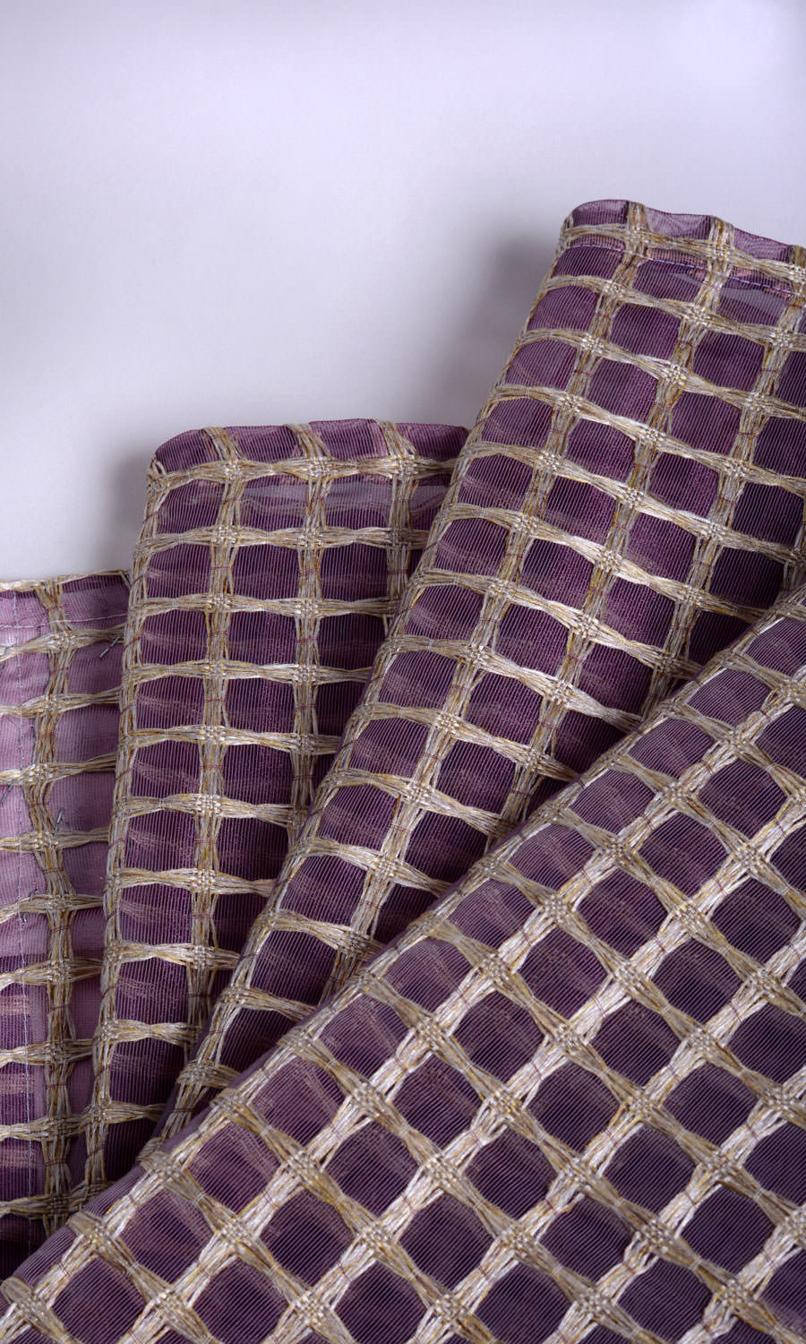 Embroidered Check Sheer Free Fabric Material Sample (Purple and Gold)