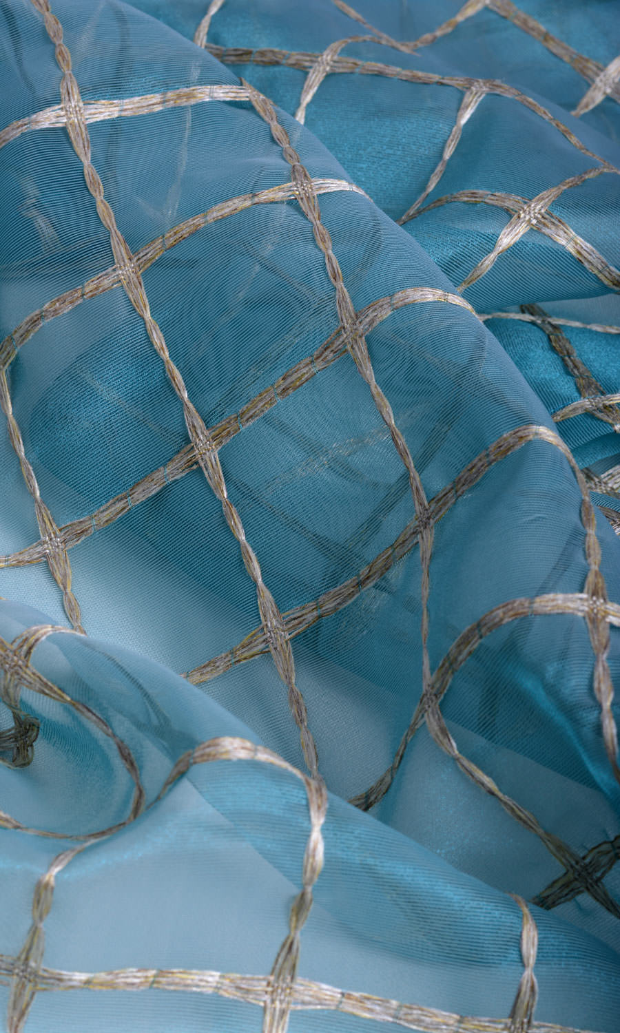 Embroidered Check Sheer Home Textile Fabric Material By the Metre (Blue and Gold)