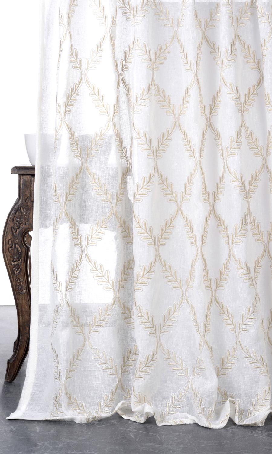Sheer Floral Embroidered Home Décor Fabric By the Yard (White/ Beige)
