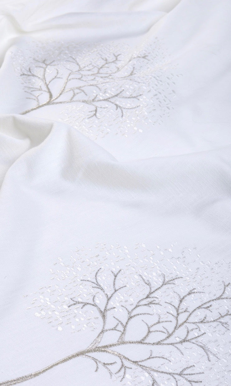 Embroidery Patterned Fabric By the Metre for Curtains & Drapes (Pure White/ Gray)
