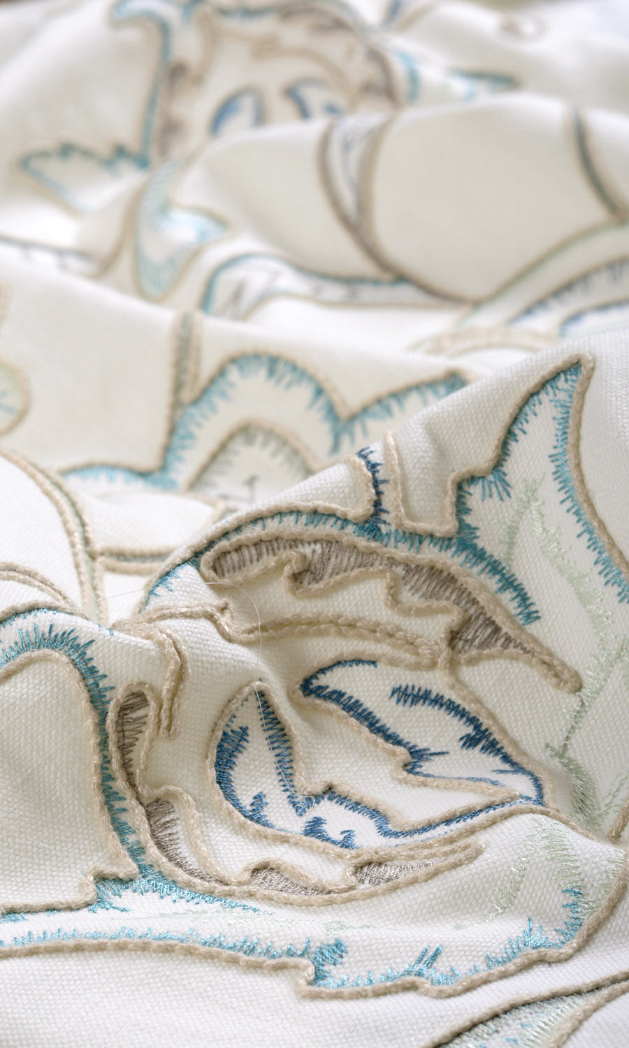 Floral Embroidery Window Treatments Fabric Sample (Blue/ White)