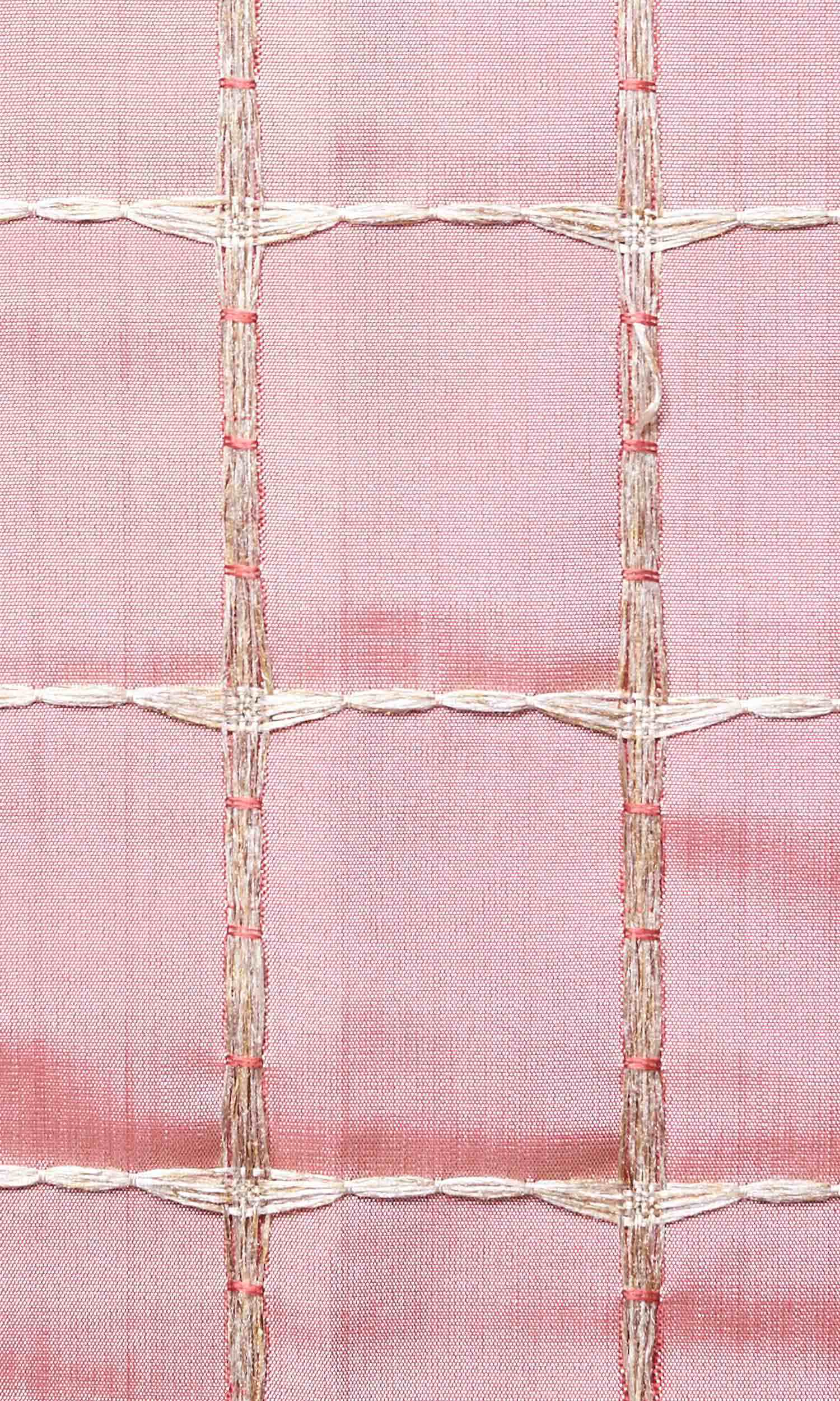 Embroidered Check Home Textile Fabric Material By the Metre (Coral Pink and Gold)