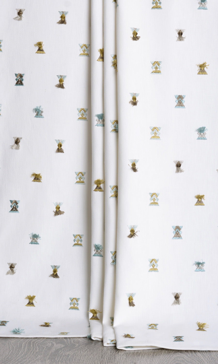 Embroidered Window Treatments Fabric By the Yard (Green/ Blue/ White)