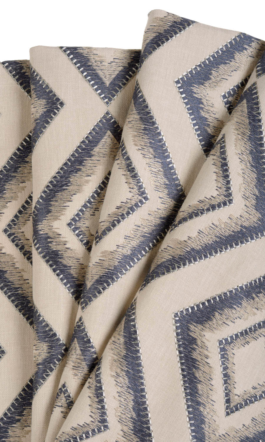 Embroidered Home Textile Fabric Material By the Yard (Oyster Beige/ Navy Blue)