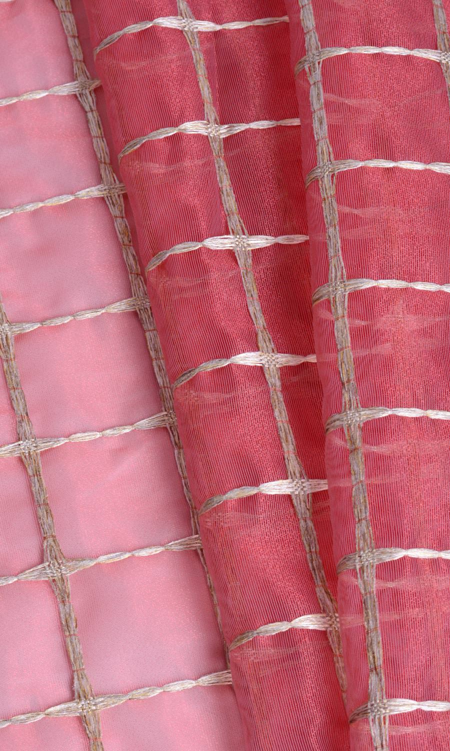 Checked Sheer Home Textile Fabric Material Sample (Coral Red/ Pink/ Gold)