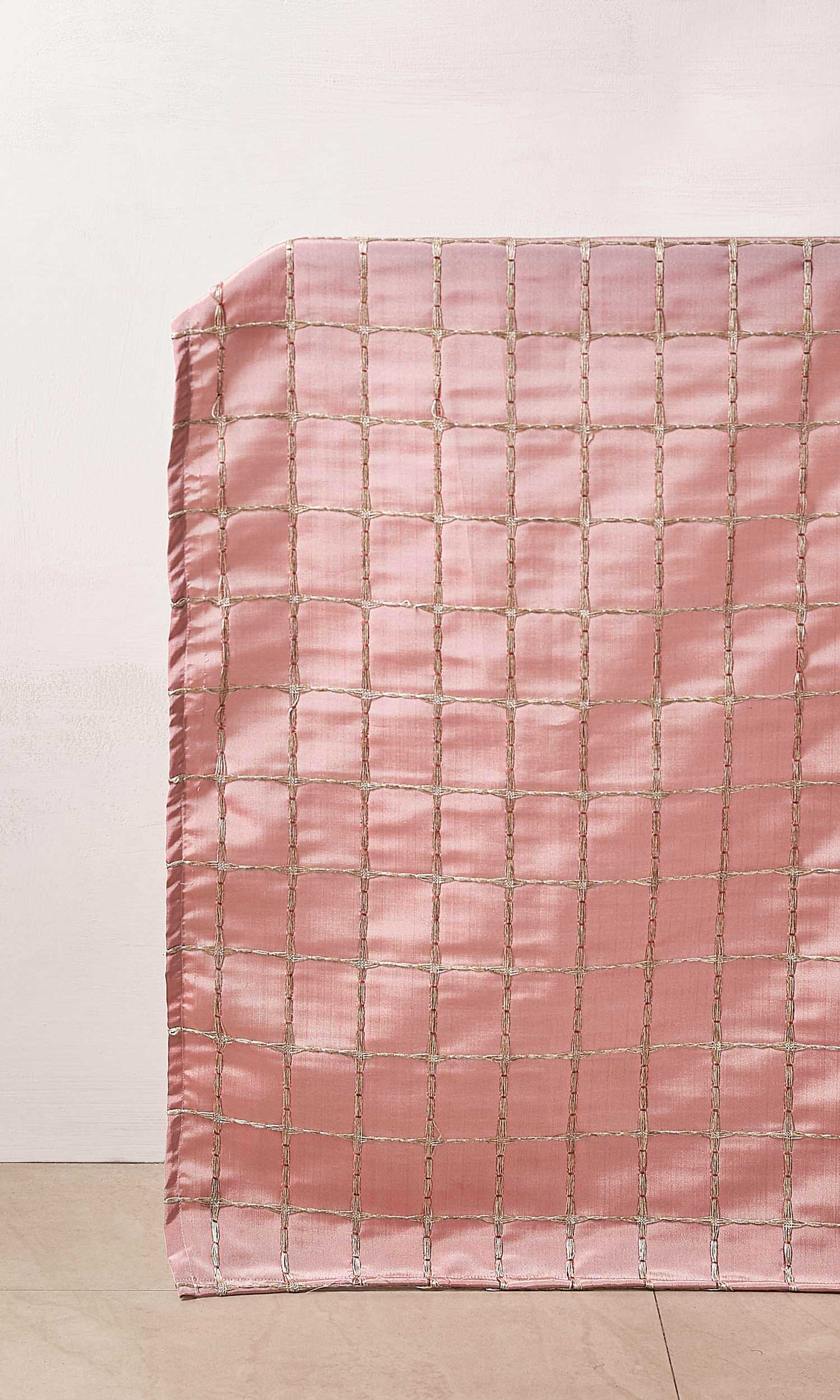Embroidered Check Window Treatments Fabric Sample (Coral Pink and Gold)