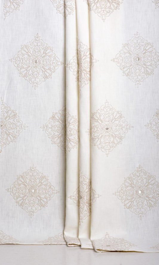 Poly-Linen Embroidered Home Décor Fabric By the Yard (White/ Cream)