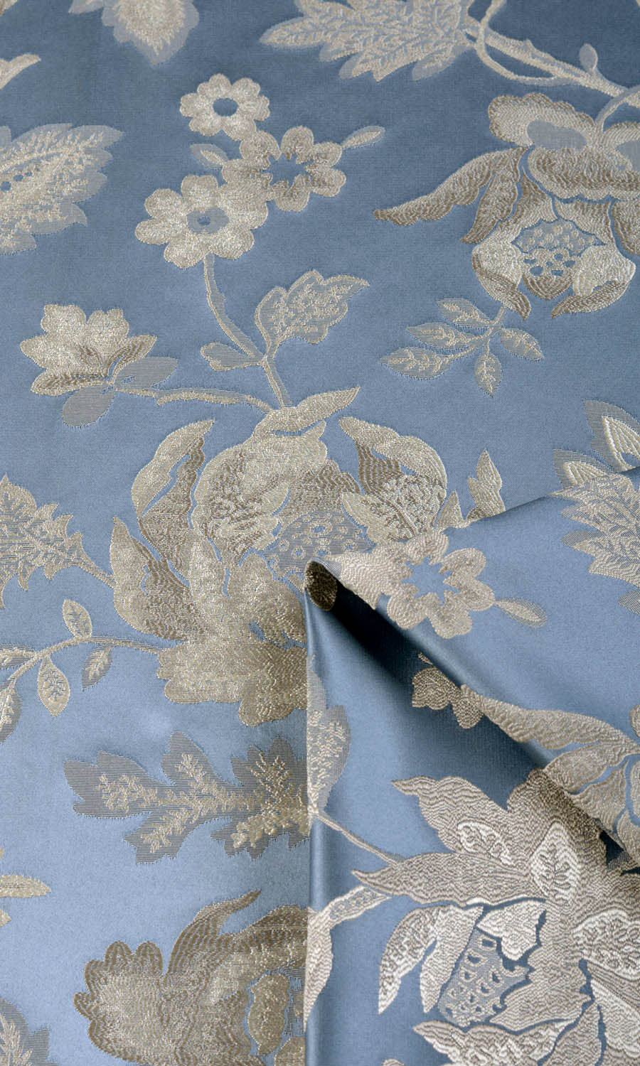 Floral Faux Silk Home Textile Fabric Material Sample (Indigo Blue/ Greige)