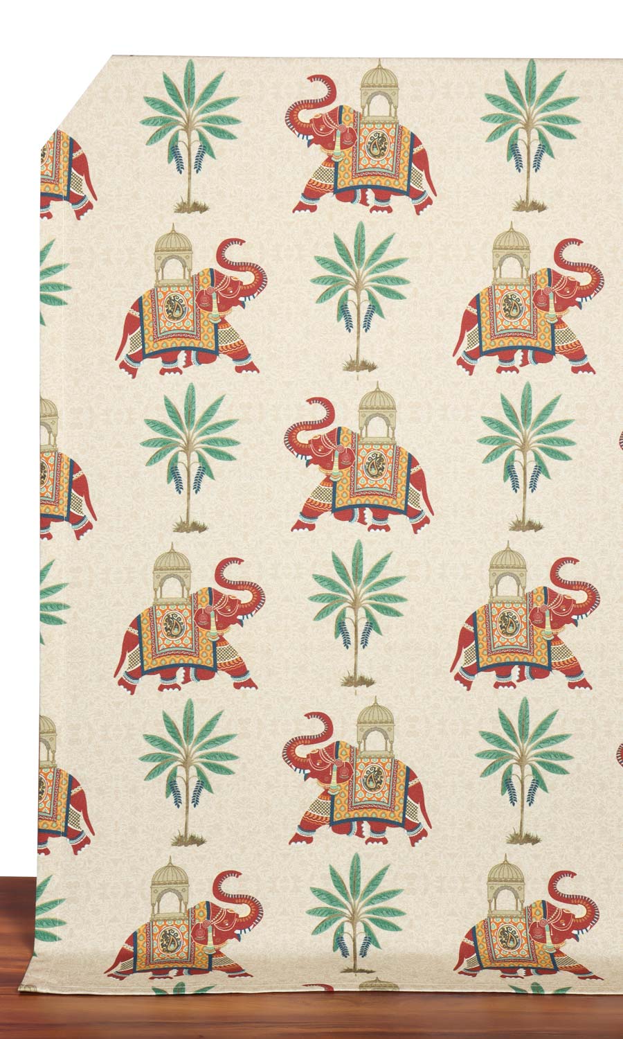 Elephant Print Cotton Home Décor Fabric By the Yard (Ivory/ Red/ Green)